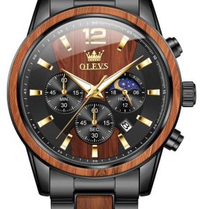 OLEVS 3645 Wood & Steel Moon Phase Chronograph