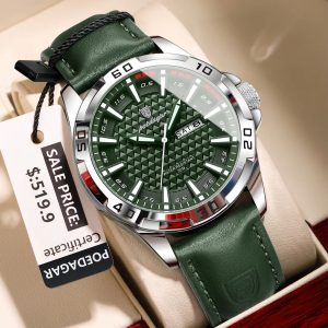 POEDAGAR 895 Luminous Leather Men’s Watch – Silver Green